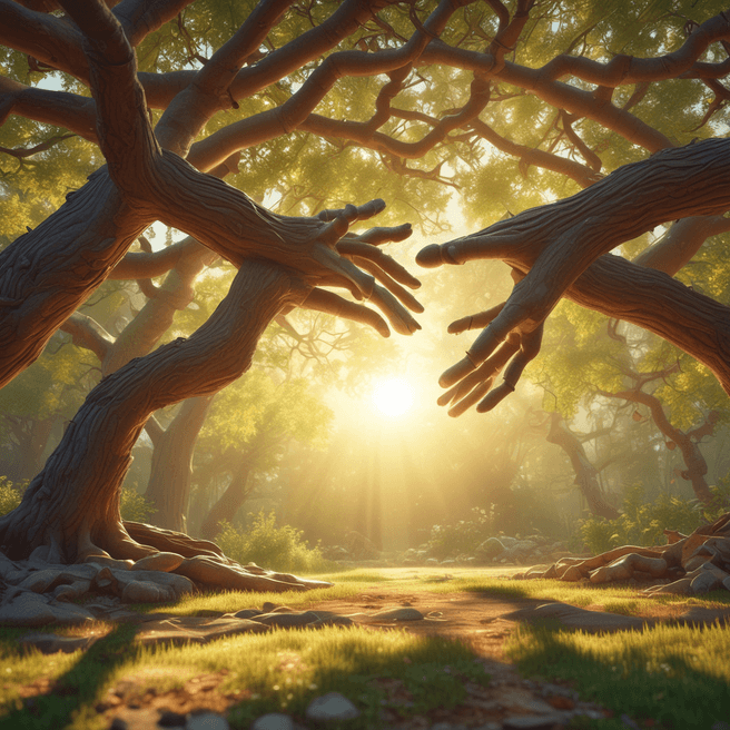 Enchanting Pixar Style 3D Render: Tree Branch Hands in Sunlight
