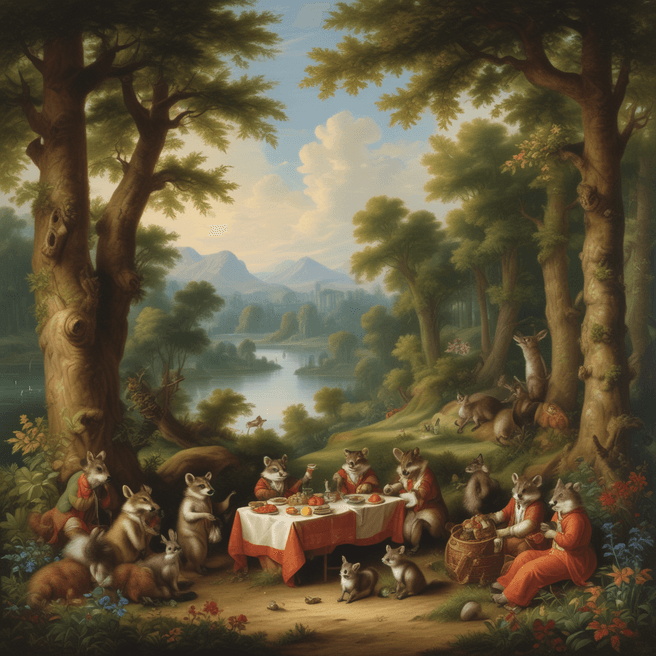 Enchanting Woodland Animals' Picnic by the Tranquil Lake