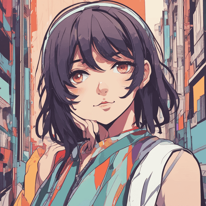 1girl,cel shading,bold outlines,flat colors,sharp shadows,graphic style,(manga influence),clean linework,(striking visuals),multicolored background