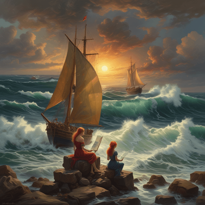 Vibrant Woman Painting Sailboat Amidst Stormy Sea - Fulgent AI