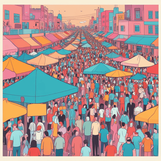 Vibrant Retro Street Festival Illustration - Cinematic & Fashionable Ambiance