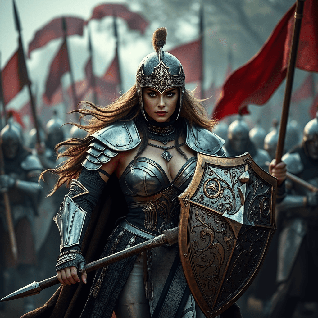 Stunning Female Knight Leading Exotic Army in Epic Battle Scene