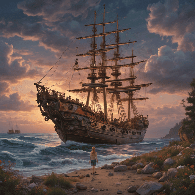 CGI Landscape: Fairy in Cap on Ship at Twilight, Cinema4D Art