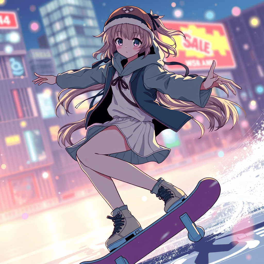 4K Japanese Anime Girl Skating: Detailed Character Art
