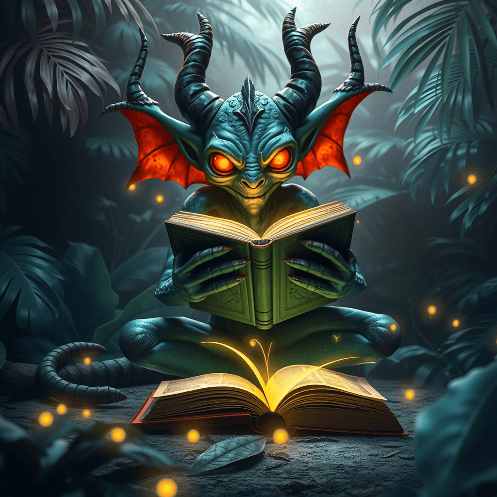 Enchanting Mythic Creature immersed in Magic Book amidst Jungle