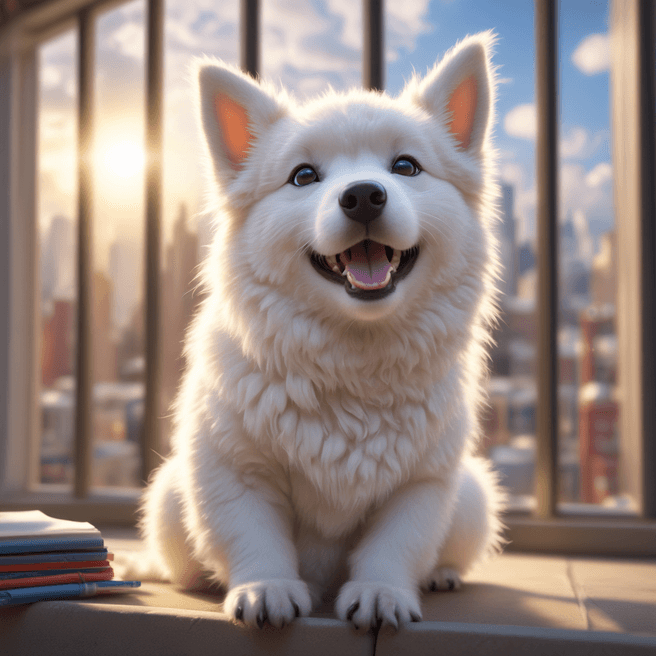 Chibi White Tatra Shepherd Dog 3D Render: Anime Yawning in Vibrant Cityscape