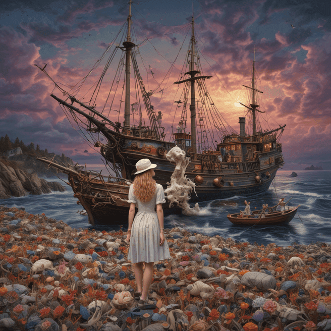 CGI Landscape: Fairy in Cap on Ship at Twilight, Cinema4D Art