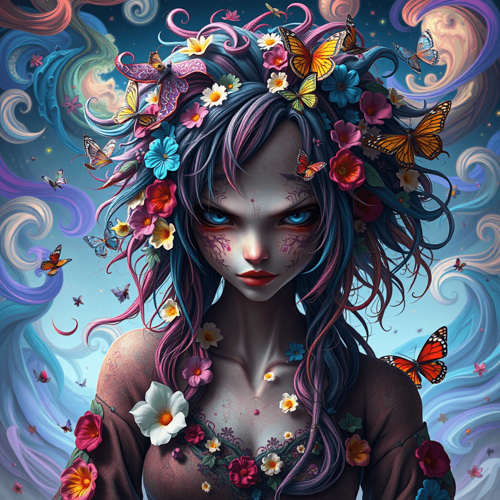 Enchanting 3D Render: Wild Woman with Vibrant Hair in Dreamlike Landscape