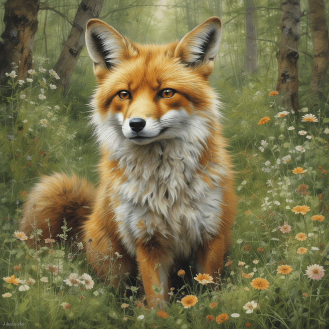 Enchanting Oil Painting of Cute Fox in Forest Meadow – Lucy Grossmith & Carne Griffiths