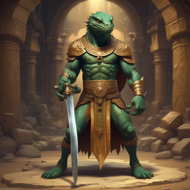 Anthropomorphic lizard warrior in Egyptian attire with swords in cavern - Fulgent AI