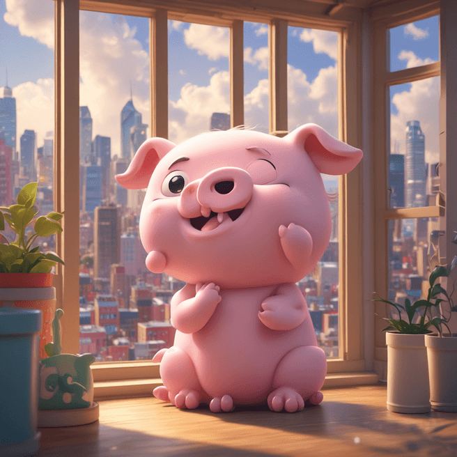 Vibrant 3D Anime Chibi Pig Yawning in City Scene