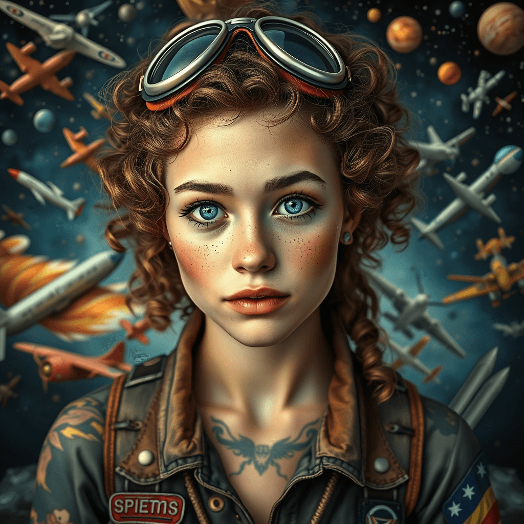 Sci-Fi Aviator Girl with Tattoos in Cosmic Space Scene