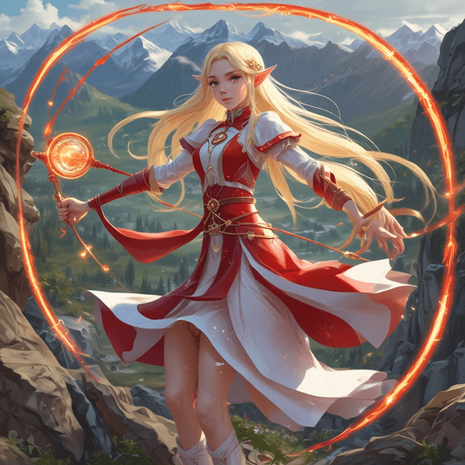 Enchanting Elf Girl with Magic Staff on Windy Grass Mountain