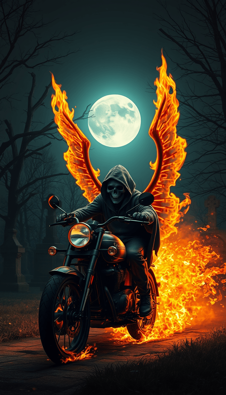 Fulgent AI: Ghostly Motorcycle Rider in Flaming Graveyard at Midnight