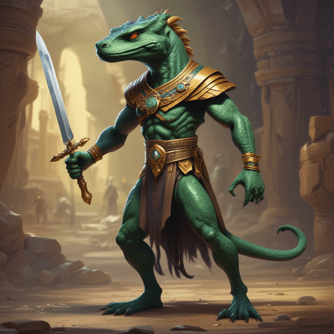 Anthropomorphic lizard warrior in Egyptian attire with swords in cavern - Fulgent AI