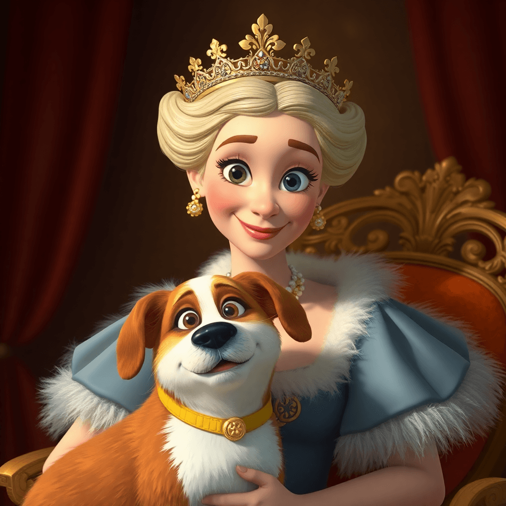 Royal Queen and Dog Portrait | Pixar-style Illustration for Fulgent AI