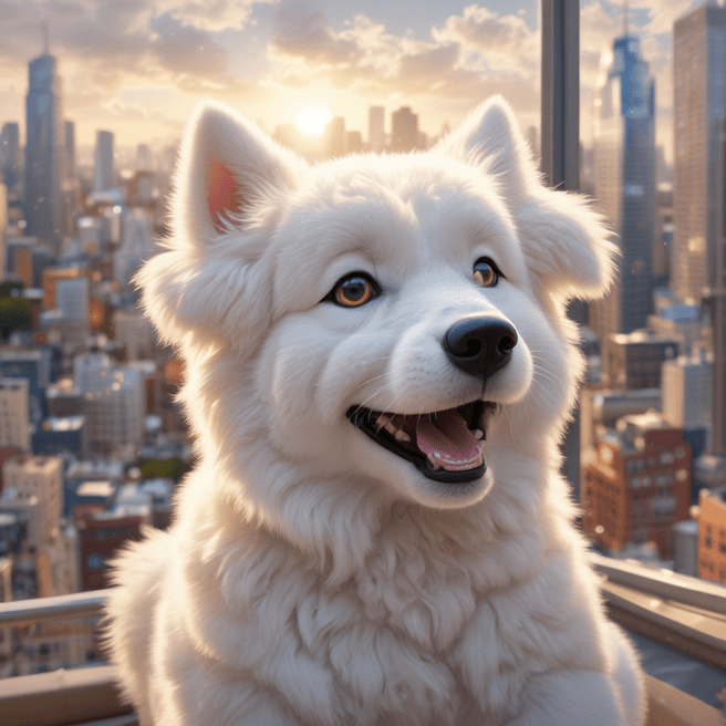 Enchanting 3D Anime Chibi White Tatra Shepherd Dog in Vibrant City Morning
