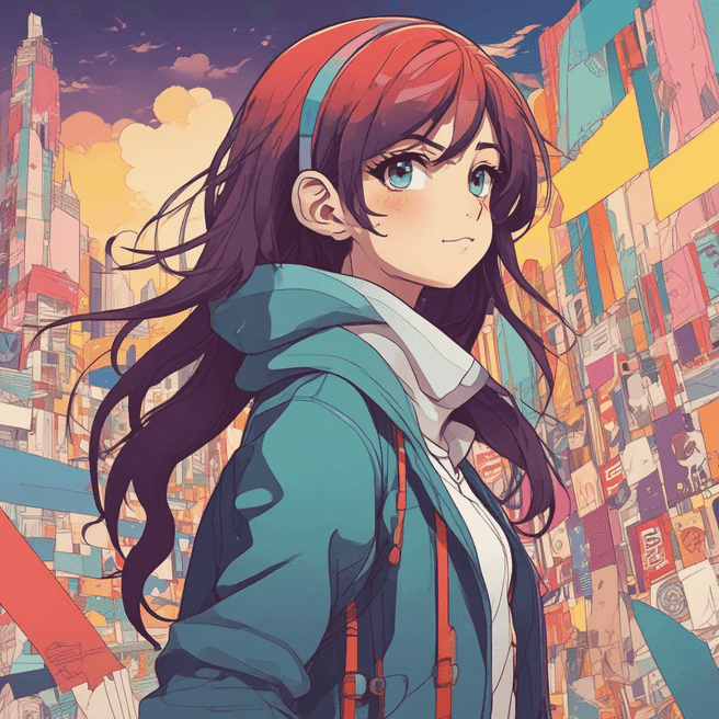 1girl,cel shading,bold outlines,flat colors,sharp shadows,graphic style,(manga influence),clean linework,(striking visuals),multicolored background