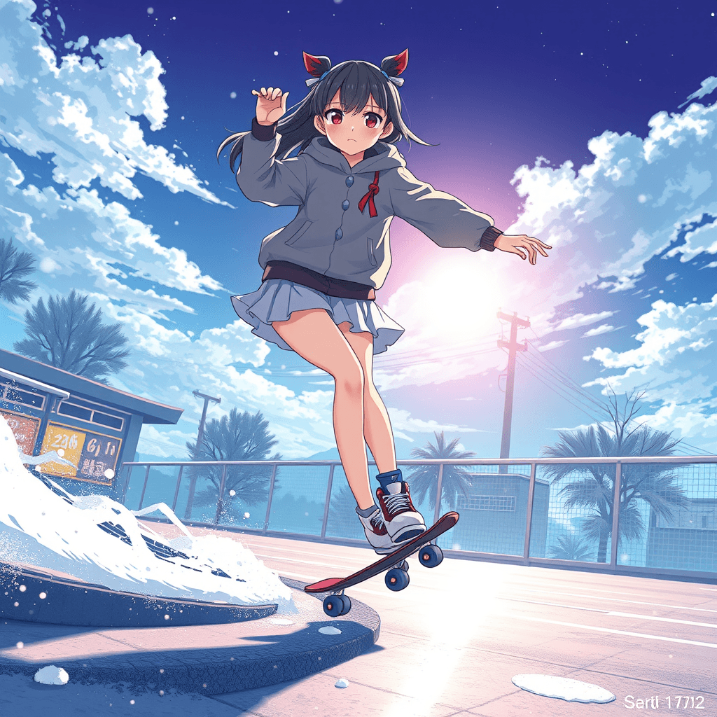 4K Japanese Anime Girl Skating: Detailed Character Art