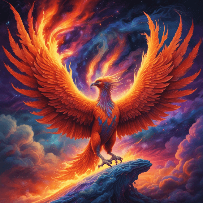 Fiery Phoenix Rebirth in Cosmic Nebula: Vibrant and Powerful Image