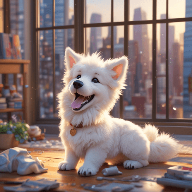 Charming 3D Anime Chibi White Tatra Shepherd Dog Yawning in Vibrant City Scene