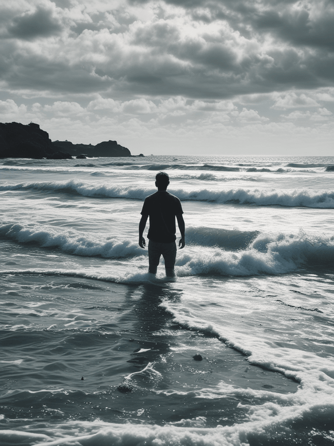 Mesmerizing Ocean View: Man Standing Amidst Azure Beauty