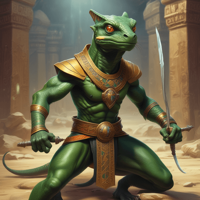 Anthropomorphic lizard warrior in Egyptian attire with swords in cavern - Fulgent AI