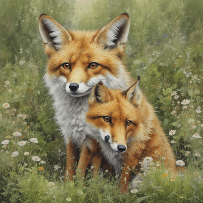 A oil-painting of a cute fox with an expressive face plays in a forest meadow, by Lucy Grossmith and Carne Griffiths, meticulous, intricate, entangled, intricately detailed, highly detailed, perfect wide long shot visual by @challenge2pt masterpiece.