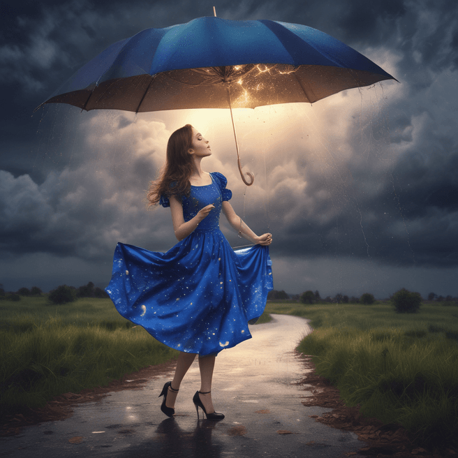 Enchanting Woman in Folk Attire with Starry Night Umbrella in Heavy Rain