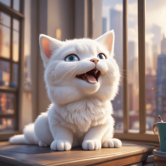 An enchanting 3D render of an adorable anime-style chibi white Tatra Shepherd cat, just waking up with eyes wide open and yawning, exuding a slightly grumpy and annoyed demeanor. The cat is surrounded by a vibrant, lively atmosphere, with sunrays piercing through clouds and a bustling city visible through the window behind her. The city life continues in the background, punctuated by singing birds, contributing to the energetic ambiance., 3d render, vibrant, anime