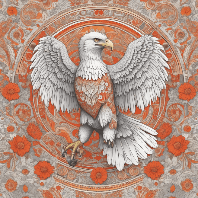 Majestic Eagle Illustration in Vibrant White, Reds, and Oranges with Floral Patterns