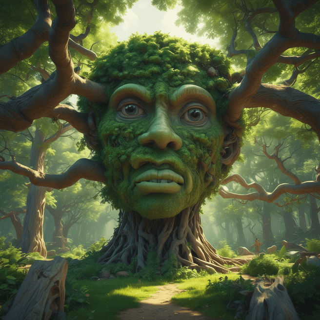 3D Rendered Pixar Style Tree Head Infrastructure in Futuristic Green Surrounding – Fulgent AI
