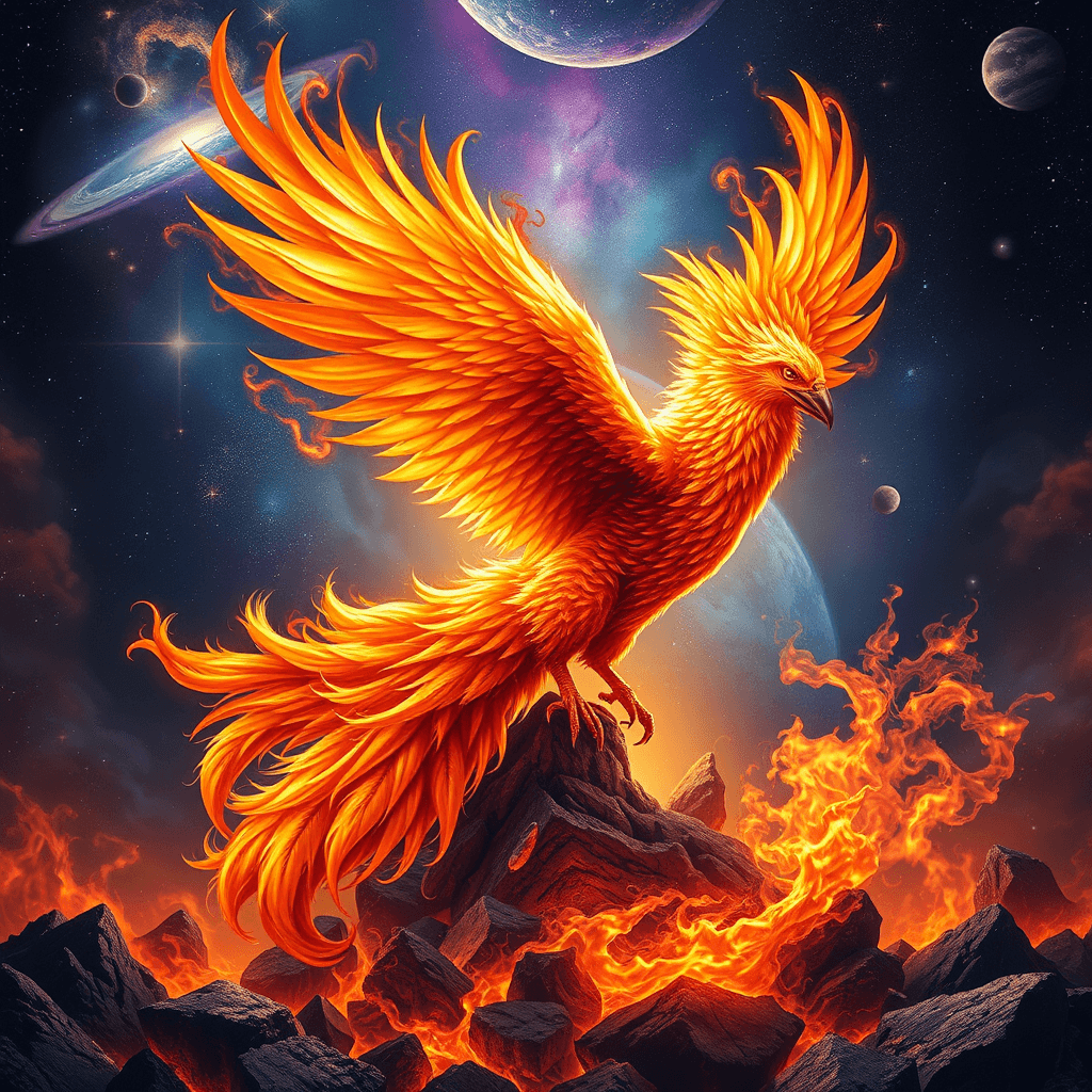 Fiery Phoenix Rebirth in Cosmic Splendor | Fulgent AI