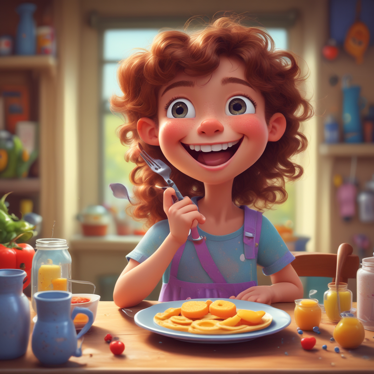 Fulgent AI: Happy Girl Enjoying Breakfast – Pixar Style Portrait