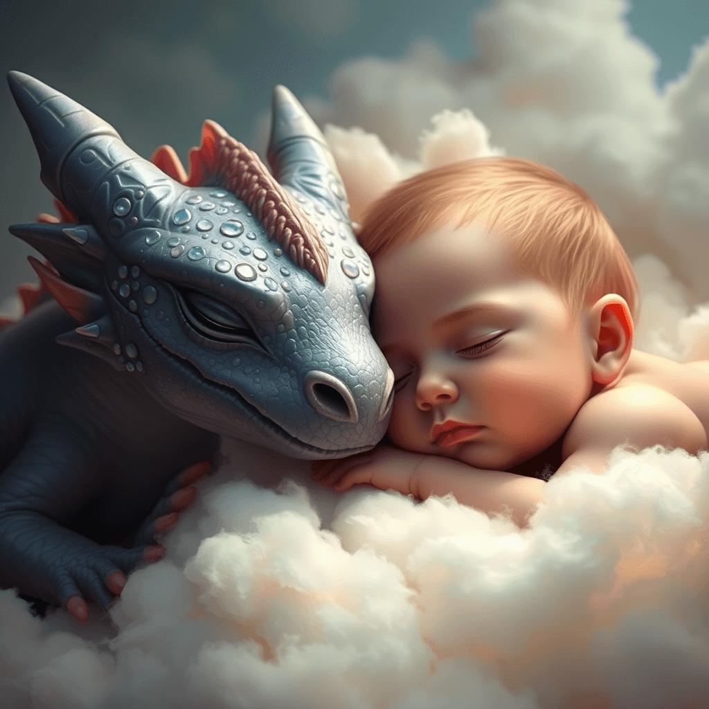 Enchanting Baby and Opal Dragon Sleeping in Dreamy Clouds | Fulgent AI