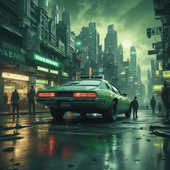 Futuristic Cinematic Action Scene: Lunar City Convenience Store Ambiance