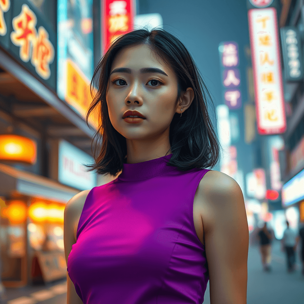 Fulgent AI: Captivating Chinapunk Style Girl Portrait in Neon City