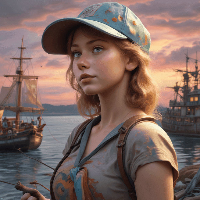 beautiful woman fairy, baseball cap, PTO, upstaging, Sailing ship, Twilight zone, by Jackson Pollock, Detailed Render, Cinema4d Model, Landscape, Wood-Carving, Pastel, Children's Drawing, Fear, Pastel Art, CGI