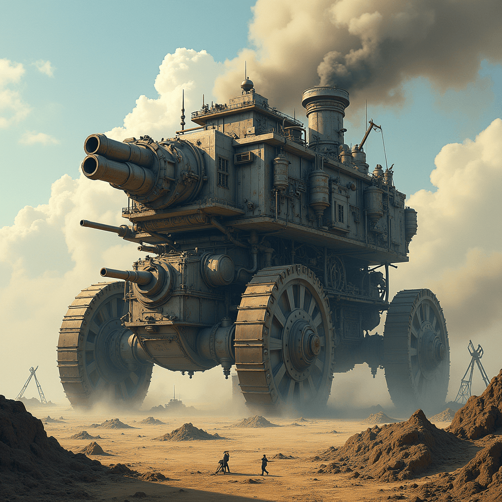 Steampunk War Machine: Menacing Behemoth on Desolate Battlefield