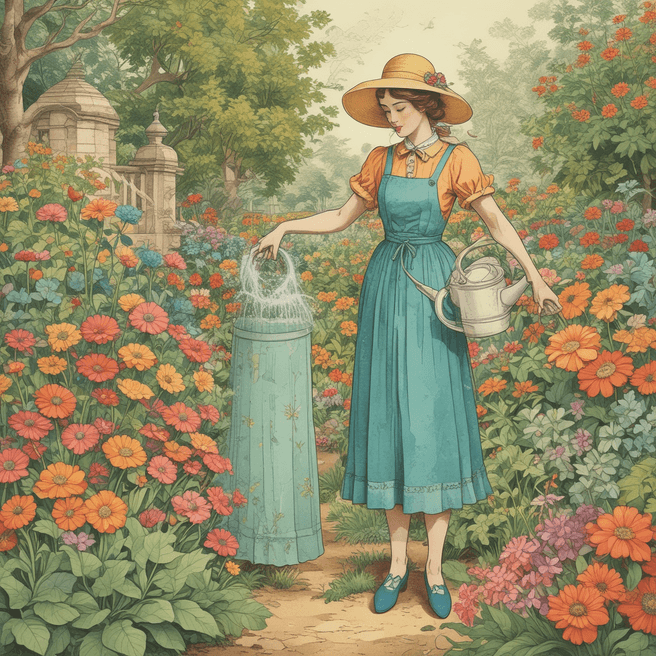Vintage Portrait: Lady Watering Garden | Colorful Paper Art Illustration