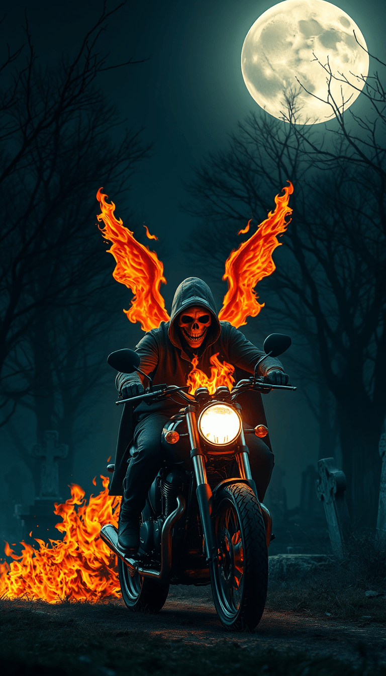 Fulgent AI: Ghostly Motorcycle Rider in Flaming Graveyard at Midnight