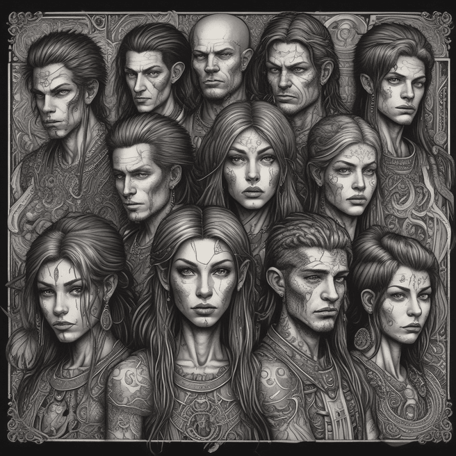 Unique and Eccentric Visuals: Dark Fantasy Cinematic Art with Tattoos and Odd Hair