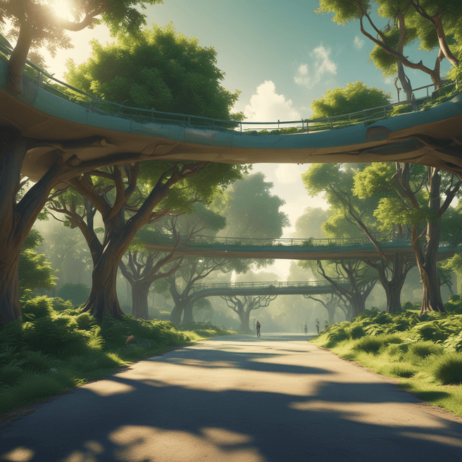 Emerald Futuristic 3D Render: Pixar Style Trees Infra with Radiant Sun Effect