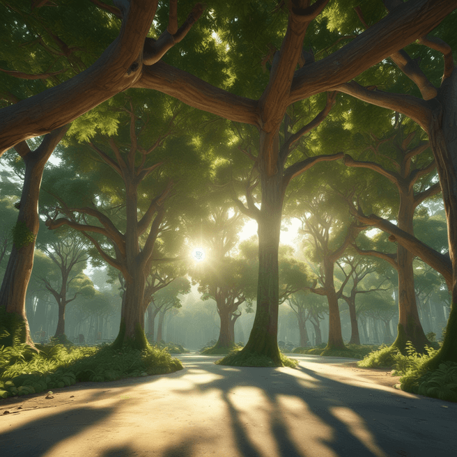 Emerald Futuristic 3D Render: Pixar Style Trees Infra with Radiant Sun Effect
