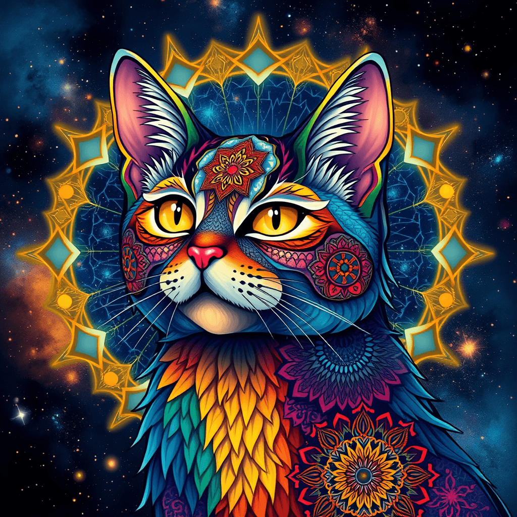 Colorful Mandala Cat Illustration in Cosmic Universe | Alphonse Mucha Style