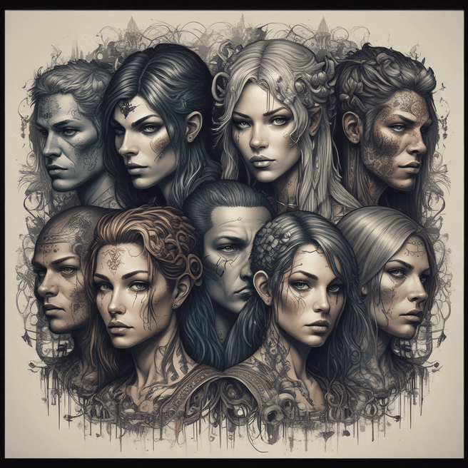Unique and Eccentric Visuals: Dark Fantasy Cinematic Art with Tattoos and Odd Hair