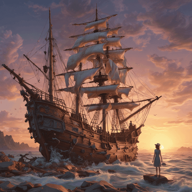 CGI Landscape: Fairy in Cap on Ship at Twilight, Cinema4D Art