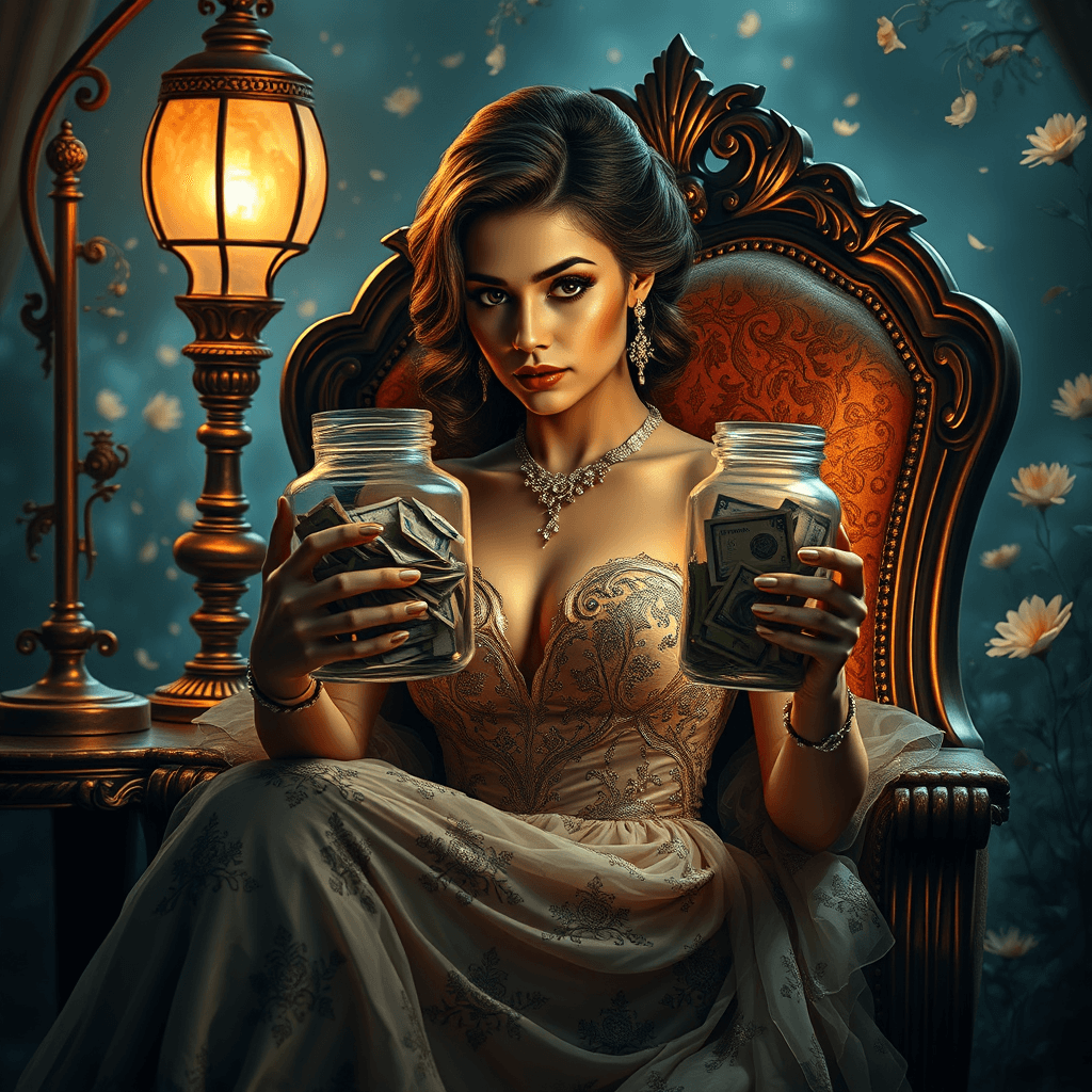Fantasy Portrait of an Elegant Woman Contemplating Money in Luxurious Setting