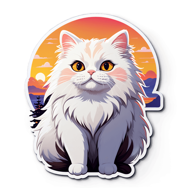 Romantic Sunset Vector Illustration of Cute White Cat with Bold Line Art