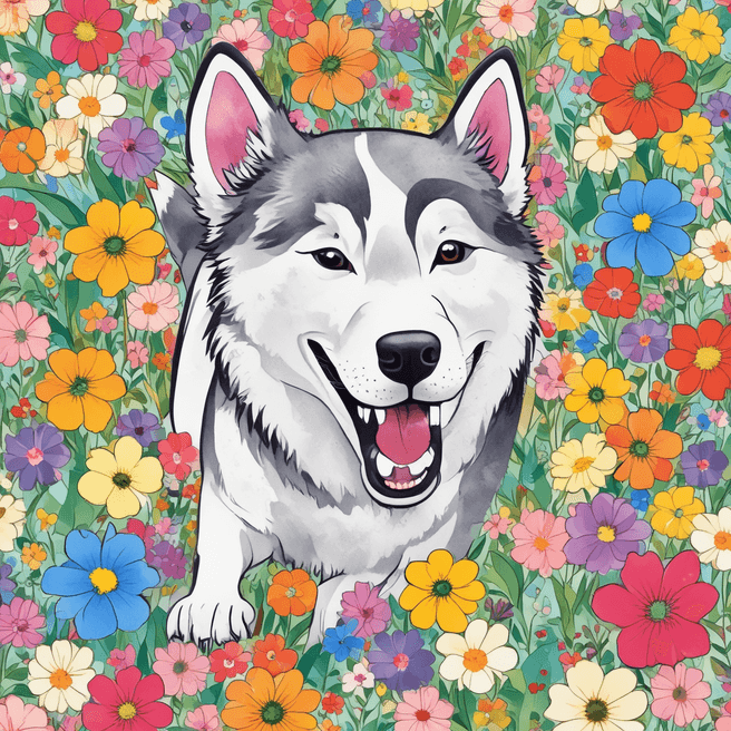 Playful Husky Illustration: Whimsical Kid's Style Art of Dog Running Amid Flowers